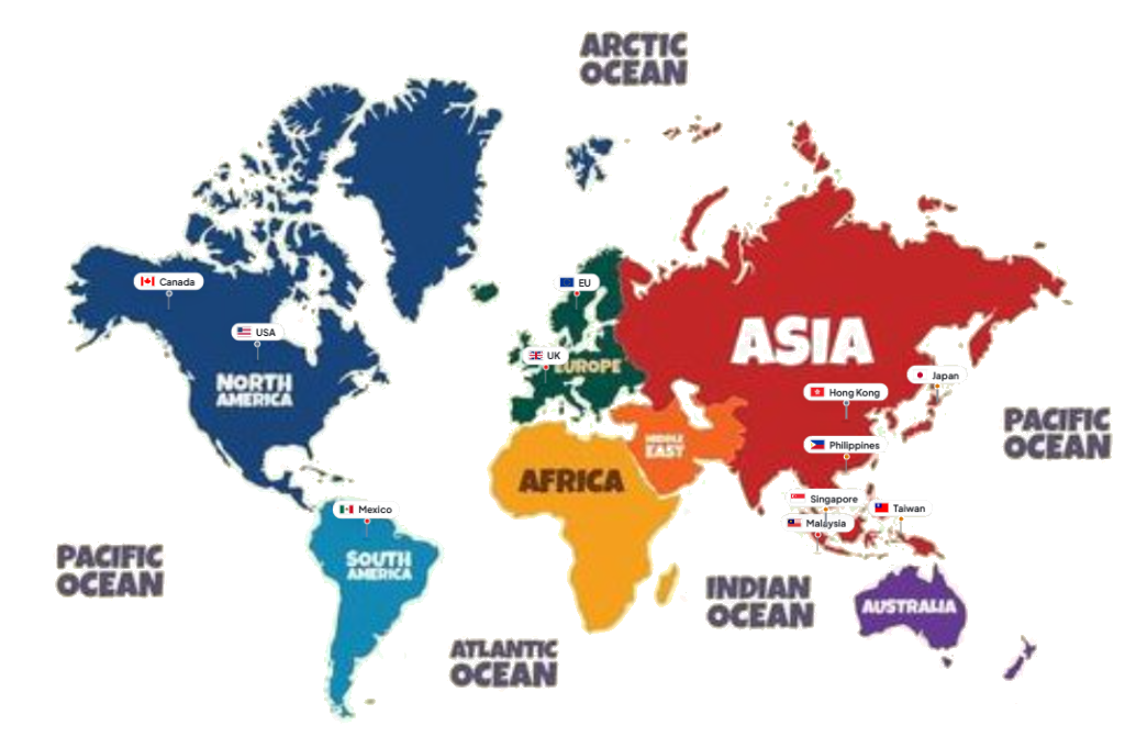 SAM MONAS global network map across Asia, the Americas, Oceania, and Europe